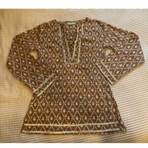 LETARTE Handmade Skull & Crossbones Beaded Jeweled Cotton Light Brown Tunic M/L